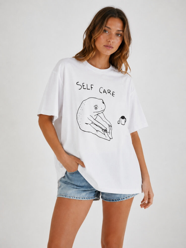 Y2K Self Care Tee with printed graphic, Y2K graphic tee styled with low rise bottoms