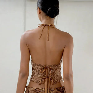 Y2K Sequin Halter Top with sheer mesh, Y2K halter top styled with low rise bottoms
