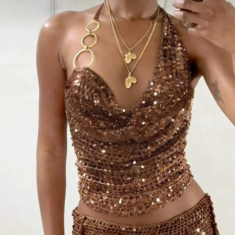 Y2K Sequin Halter Top with sheer mesh, Y2K halter top styled with low rise bottoms