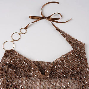 Y2K Sequin Halter Top with sheer mesh, Y2K halter top styled with low rise bottoms