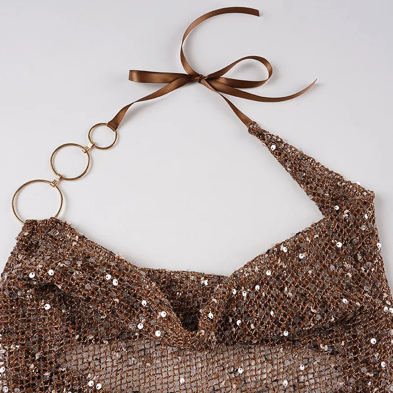 Y2K Sequin Halter Top with sheer mesh, Y2K halter top styled with low rise bottoms