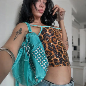 Y2K Sequin Leopard Crop Top with leopard print, Y2K tube top styled with low rise bottoms
