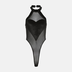 Y2K Sheer Heart Halter Top with sheer mesh, Y2K halter top styled with low rise bottoms