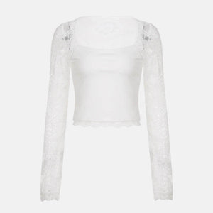 Y2K Sheer Lace Sleeve Top with lace trim, Y2K long sleeve top styled with low rise bottoms