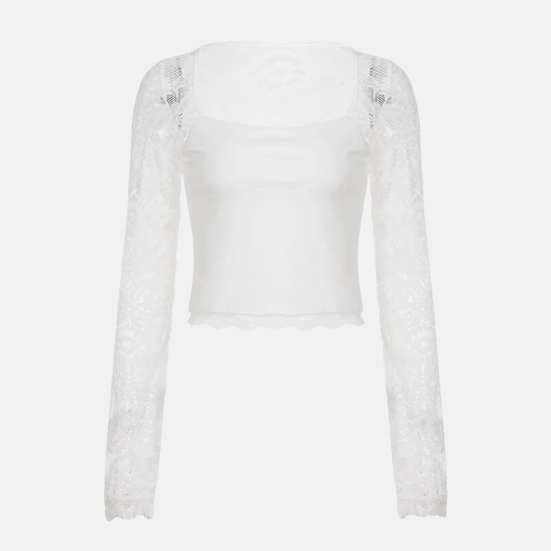 Y2K Sheer Lace Sleeve Top with lace trim, Y2K long sleeve top styled with low rise bottoms
