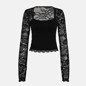 Y2K Sheer Lace Sleeve Top with lace trim, Y2K long sleeve top styled with low rise bottoms