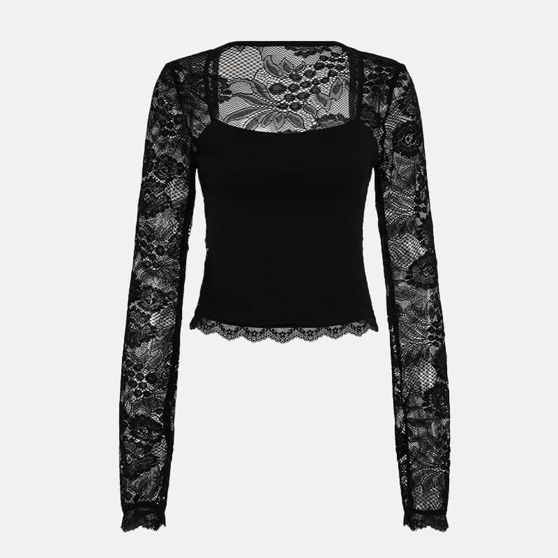 Y2K Sheer Lace Sleeve Top with lace trim, Y2K long sleeve top styled with low rise bottoms