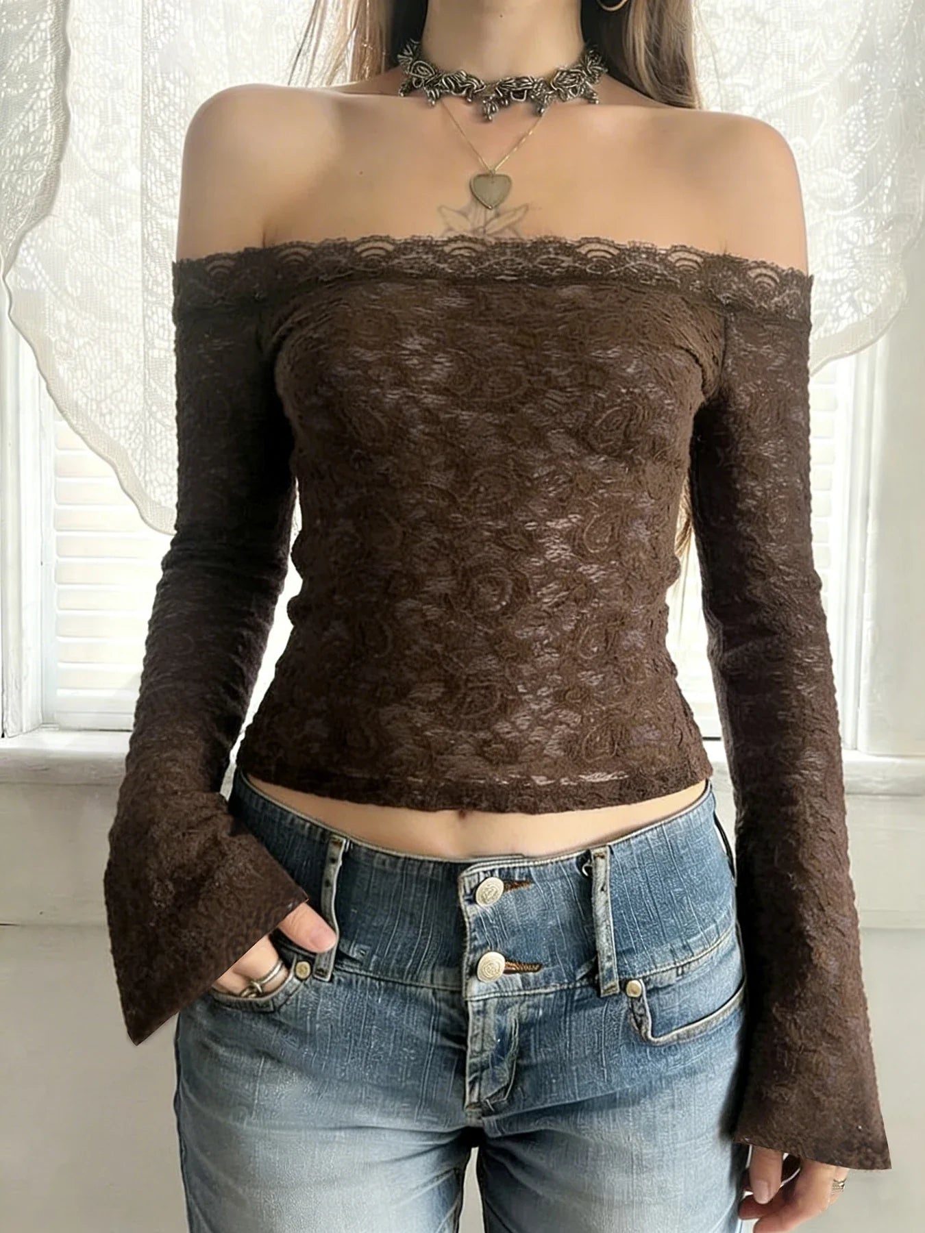 Y2K Sheer Lace Top with lace trim, Y2K tube top styled with low rise bottoms