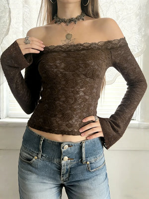 Y2K Sheer Lace Top with lace trim, Y2K tube top styled with low rise bottoms