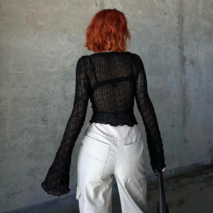 Y2K Sheer Tie Front Crop Top with lace trim, Y2K long sleeve top styled with low rise bottoms