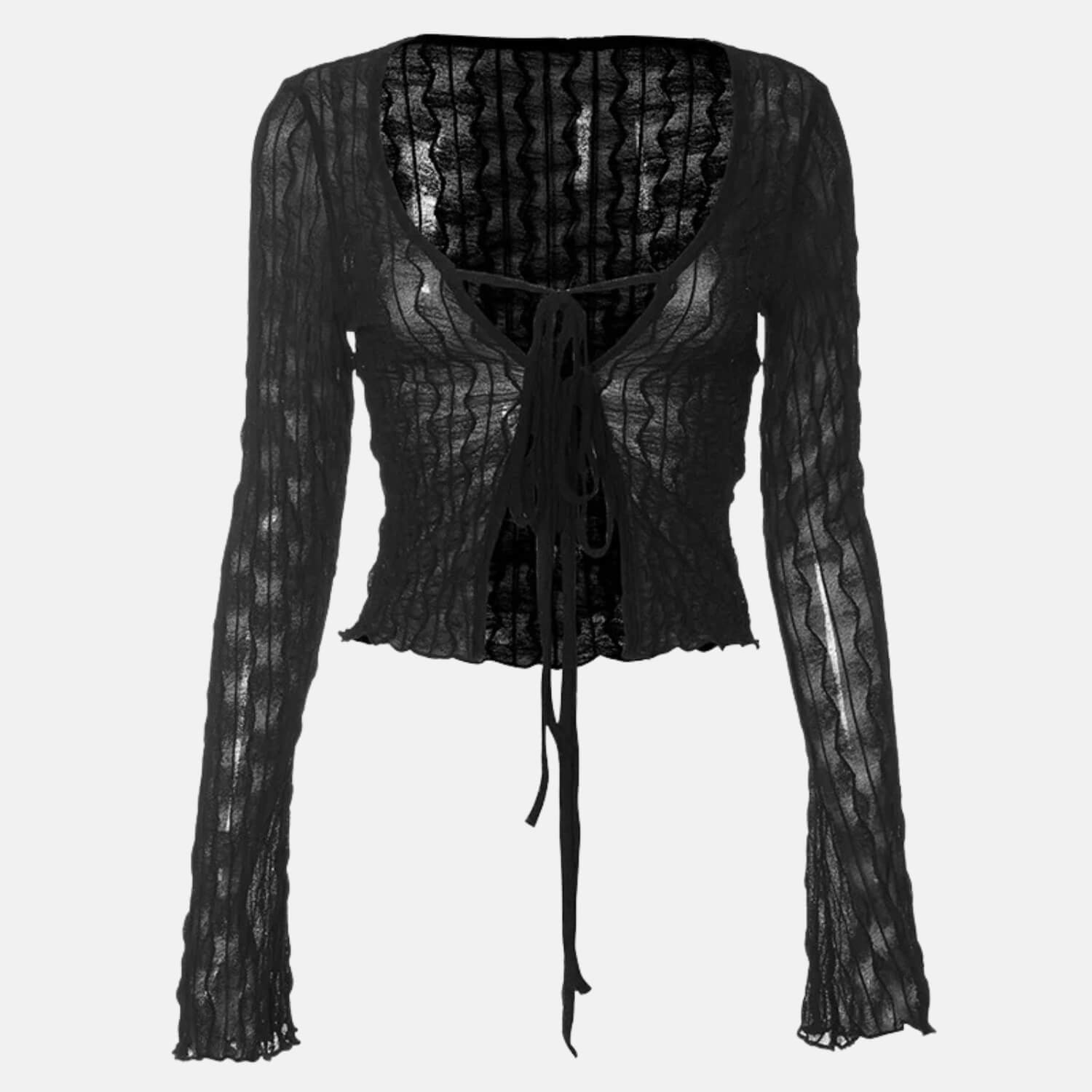 Y2K Sheer Tie Front Crop Top with lace trim, Y2K long sleeve top styled with low rise bottoms