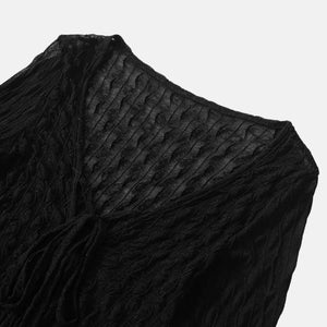 Y2K Sheer Tie Front Crop Top with lace trim, Y2K long sleeve top styled with low rise bottoms