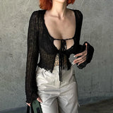 Y2K Sheer Tie Front Crop Top with lace trim, Y2K long sleeve top styled with low rise bottoms