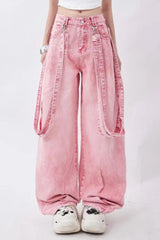 Y2K Soft Girl Double Belted Baggy Jeans-Pink-S-MAUV STUDIO