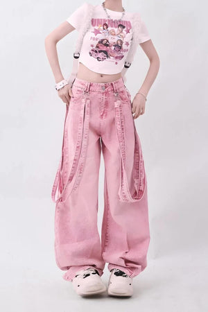 Y2K Soft Girl Double Belted Baggy Jeans-MAUV STUDIO