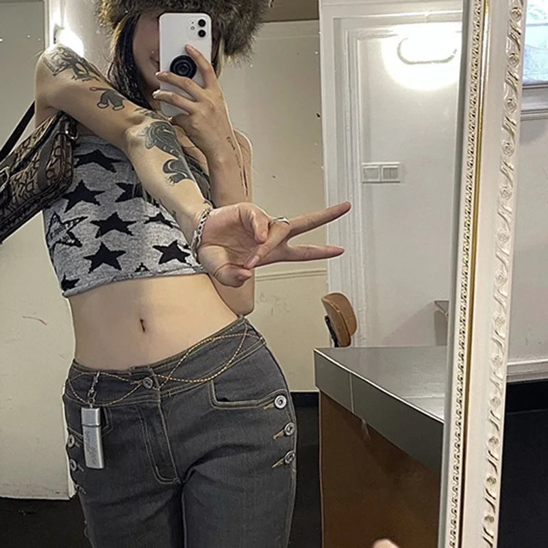 Y2K Star Bandeau Crop Top with cropped cut, Y2K tube top styled with low rise bottoms