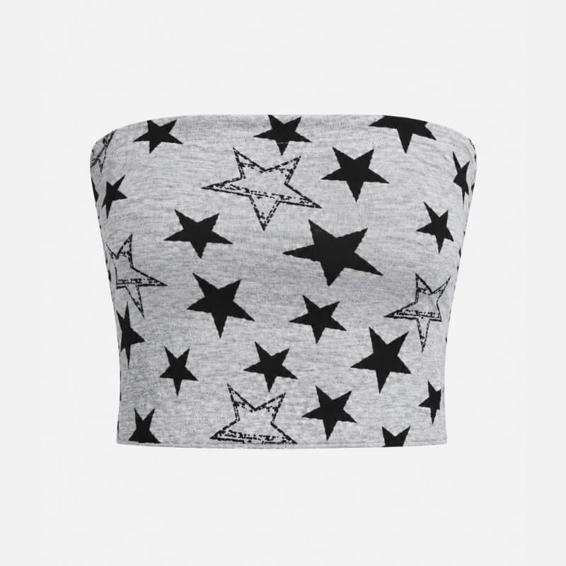 Y2K Star Bandeau Crop Top with cropped cut, Y2K tube top styled with low rise bottoms