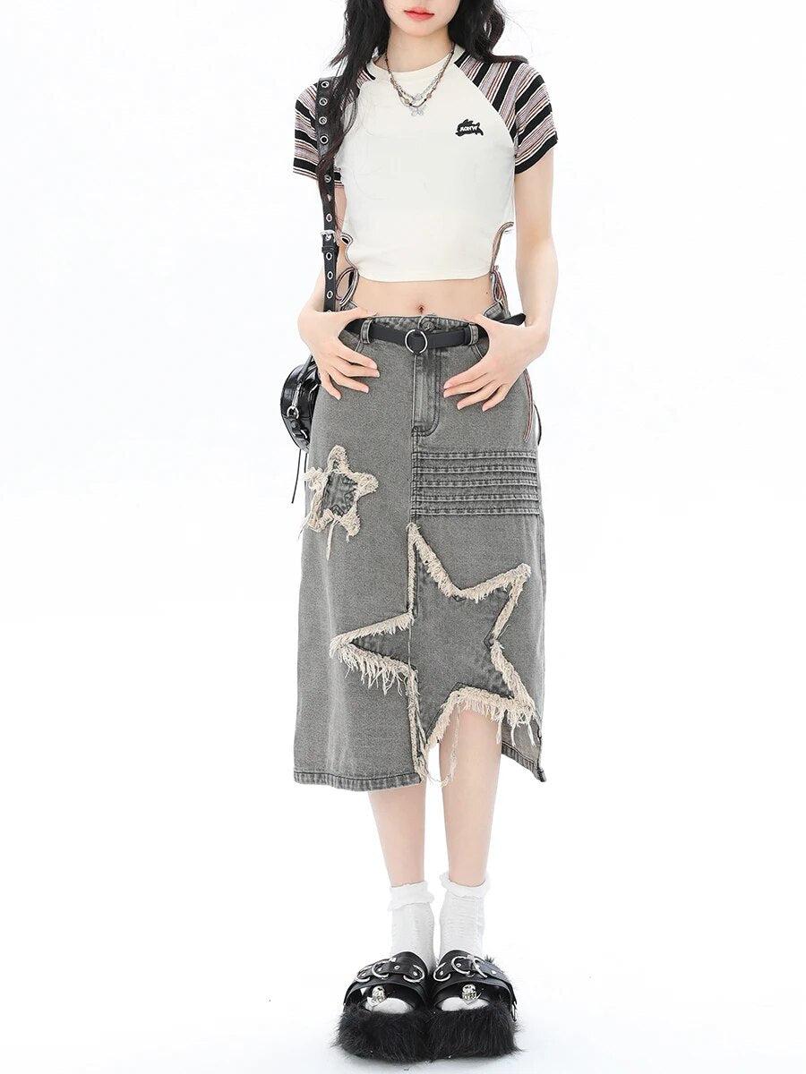 Y2K-Star-Patchwork-Midi-Skirt-