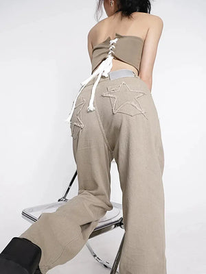 Y2K Star Pockets High Waist Jeans-Beige-S-MAUV STUDIO