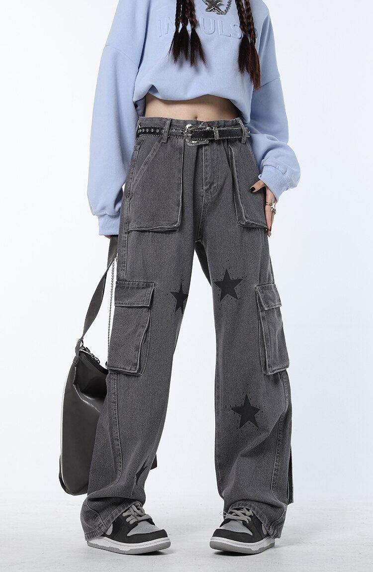 Y2K Star Printed Cargo Pants-Gray-S-Mauv Studio