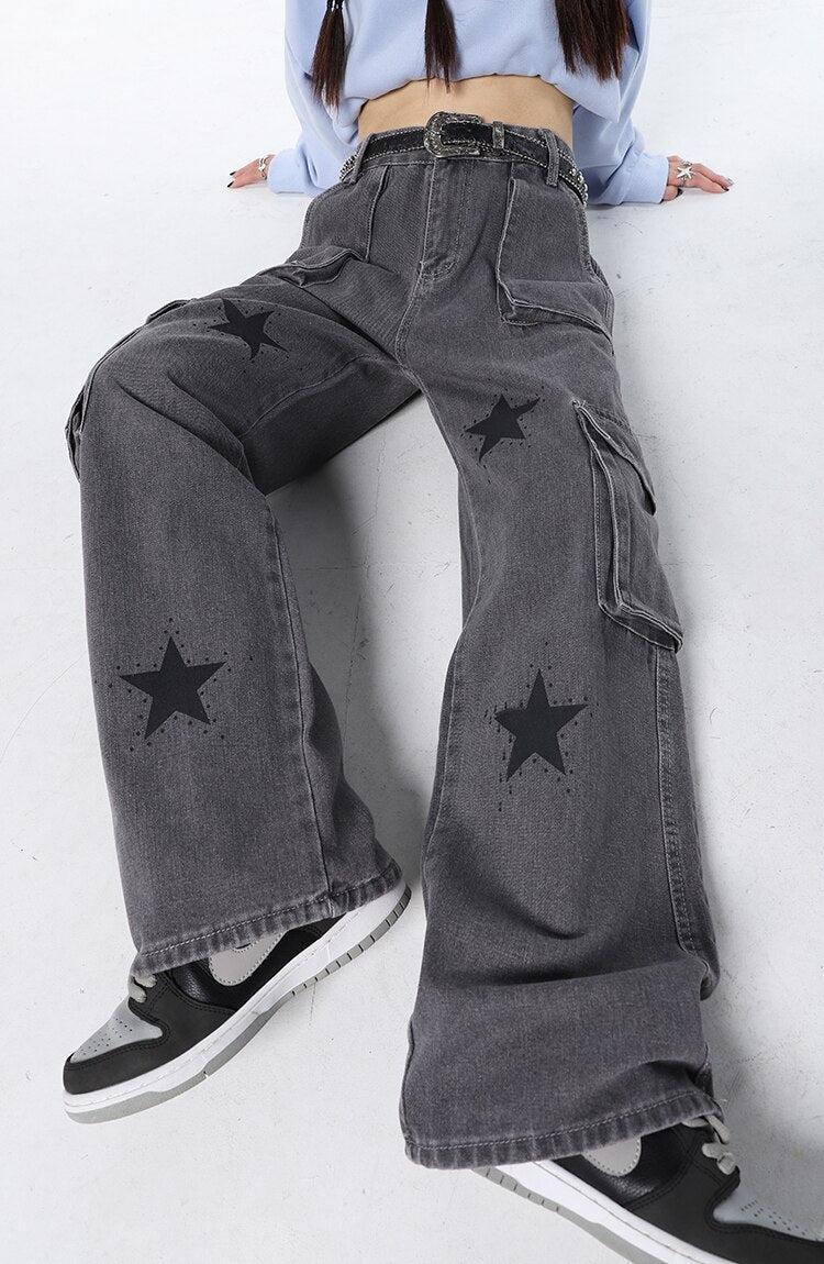 YINGWIN Star Jeans voor Dames Y2K Baggy Jeans Cargobroek voor Dames, zwart, XXL YINGWIN Star Jeans voor Dames Y2K Baggy Jeans Cargobroek voor Dames, zwart, XXL