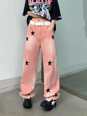 Y2K Star Printed Jeans-Pink-S-MAUV STUDIO