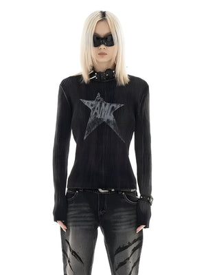 Y2K Star Tall Long Sleeve Corduroy Sweater-Black-S-Mauv Studio