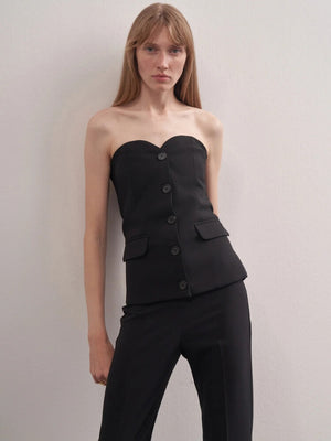 Y2K Strapless Button Up Top with tie detail, Y2K tube top styled with low rise bottoms