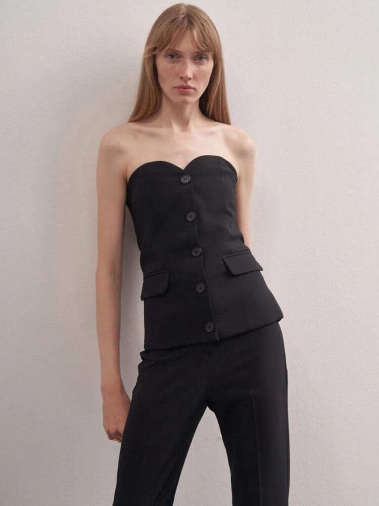Y2K Strapless Button Up Top with tie detail, Y2K tube top styled with low rise bottoms