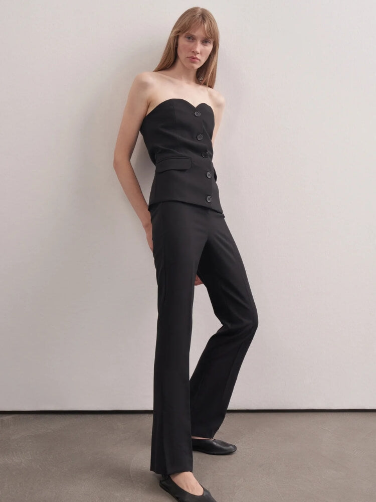 Y2K Strapless Button Up Top with tie detail, Y2K tube top styled with low rise bottoms