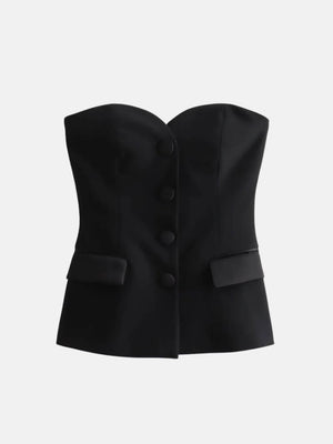 Y2K Strapless Button Up Top with tie detail, Y2K tube top styled with low rise bottoms