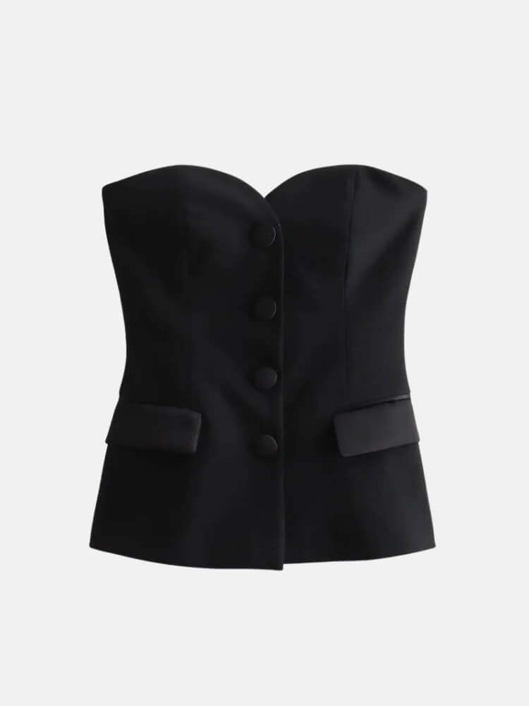 Y2K Strapless Button Up Top with tie detail, Y2K tube top styled with low rise bottoms