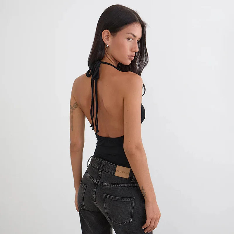 Y2K Studded Halter Top with tie detail, Y2K halter top styled with low rise bottoms