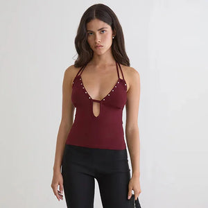 Y2K Studded Halter Top with tie detail, Y2K halter top styled with low rise bottoms