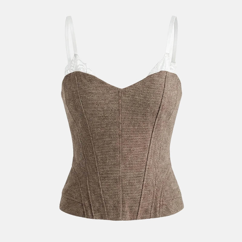 Y2K Tweed Corset Top with lace trim, Y2K corset styled with low rise bottoms