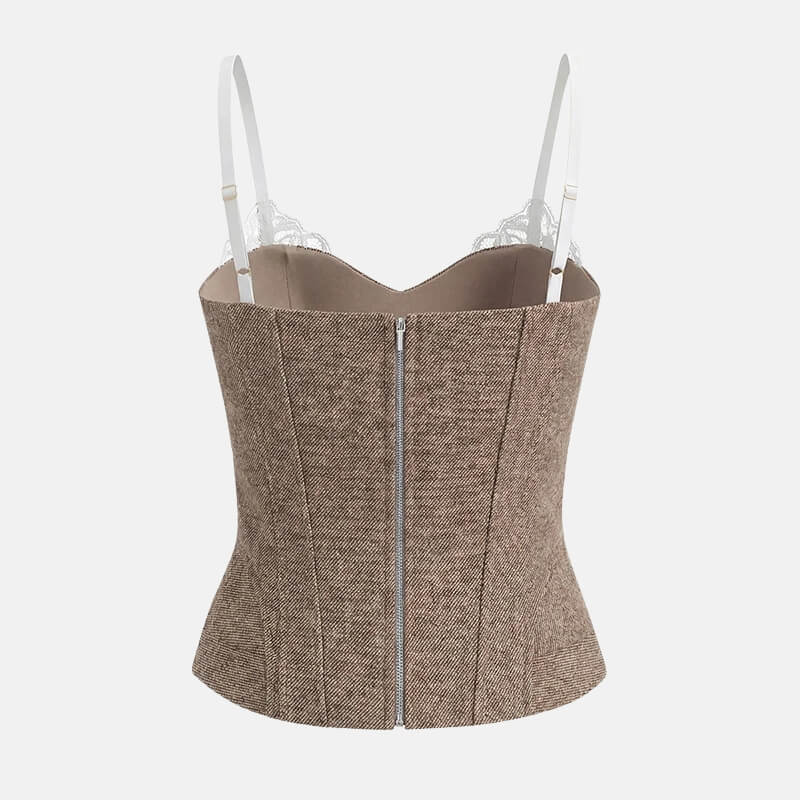 Y2K Tweed Corset Top with lace trim, Y2K corset styled with low rise bottoms