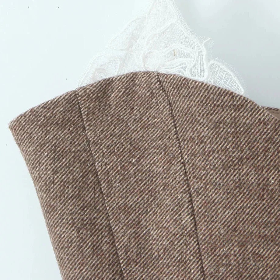 Y2K Tweed Corset Top with lace trim, Y2K corset styled with low rise bottoms