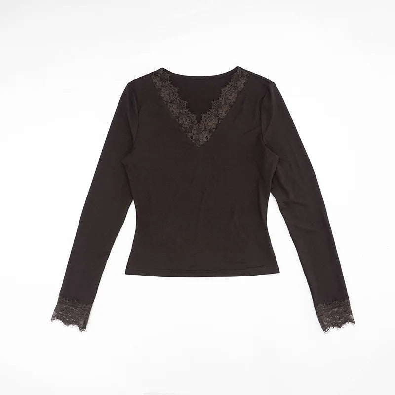 Y2K V Neck Lace Top with lace trim, Y2K long sleeve top styled with low rise bottoms