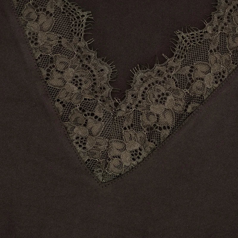 Y2K V Neck Lace Top with lace trim, Y2K long sleeve top styled with low rise bottoms