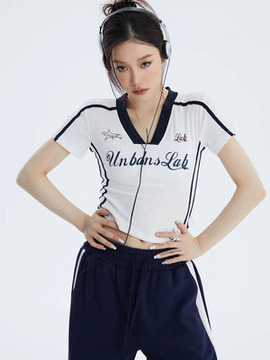 Y2K Varsity Baby Tee with cropped cut, Y2K baby tee styled with low rise bottoms