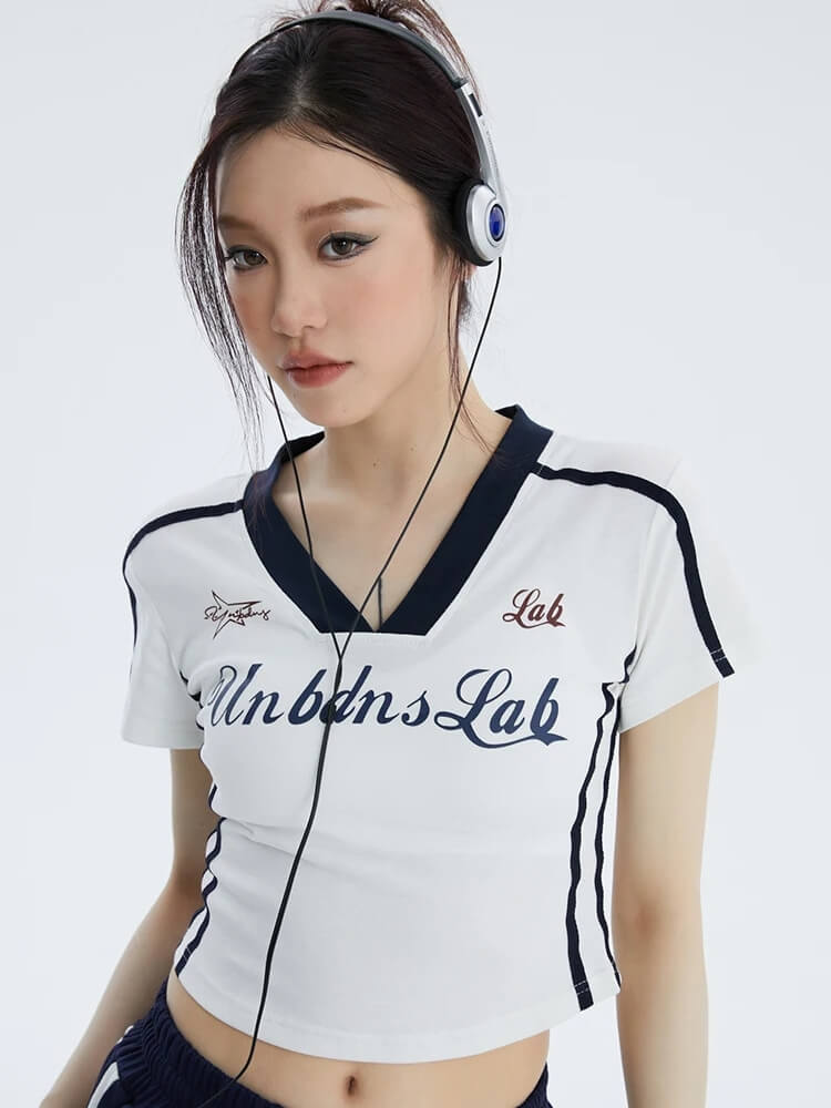 Y2K Varsity Baby Tee with cropped cut, Y2K baby tee styled with low rise bottoms