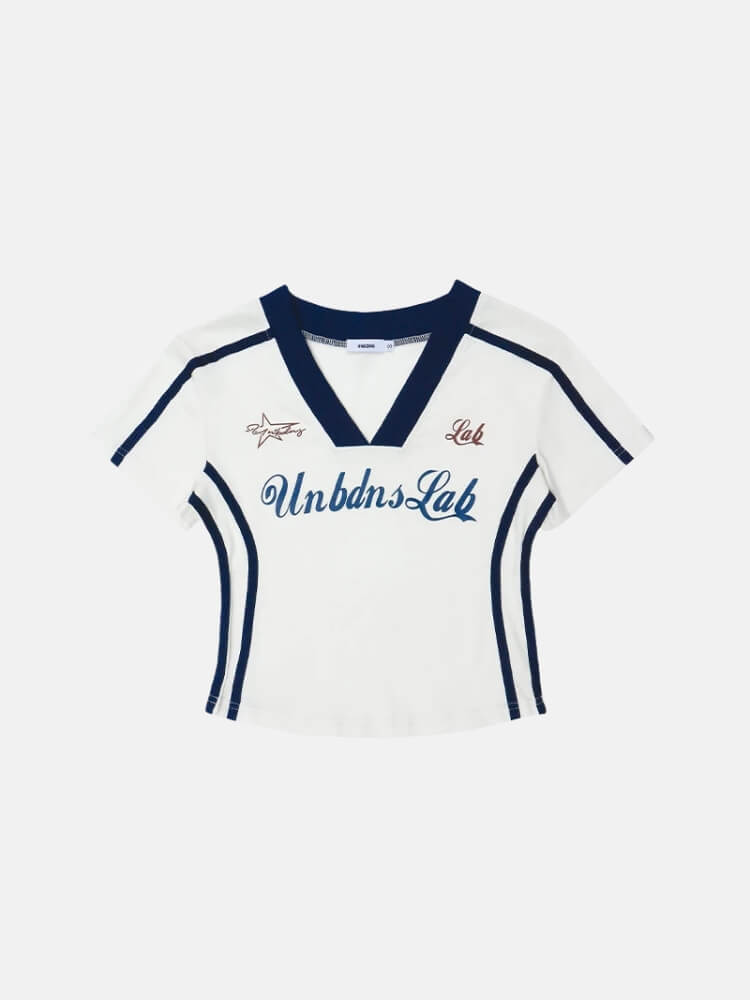 Y2K Varsity Baby Tee with cropped cut, Y2K baby tee styled with low rise bottoms
