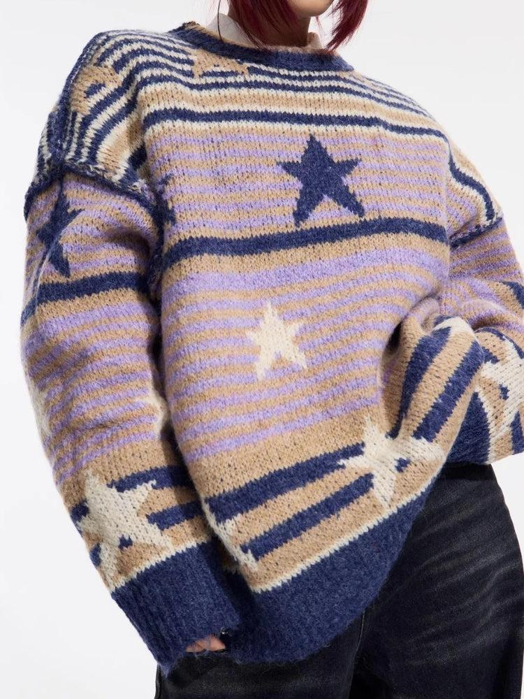 Y2K Vintage Stars Striped Knitted Sweater-Mauv Studio