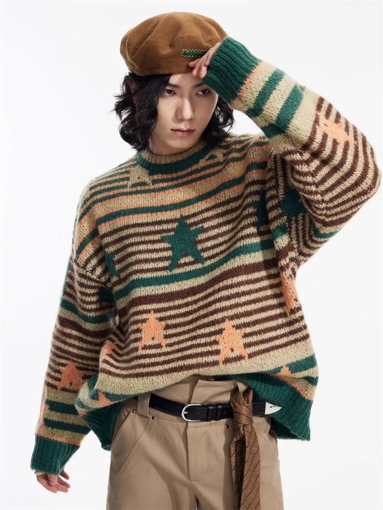 Y2K Vintage Stars Striped Knitted Sweater-Light Brown-M-Mauv Studio