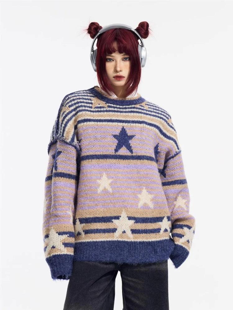 Y2K Vintage Stars Striped Knitted Sweater-Purple-M-Mauv Studio