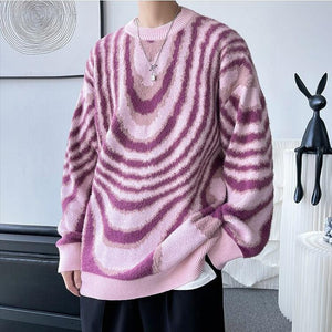 Y2K Wavy Striped Knitted Sweater-Pink-M-Mauv Studio