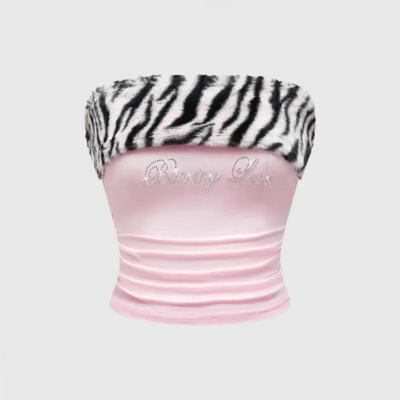 Y2K Zebra Tube Top with cropped cut, Y2K tube top styled with low rise bottoms