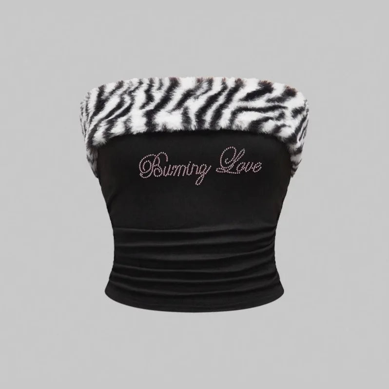 Y2K Zebra Tube Top with cropped cut, Y2K tube top styled with low rise bottoms