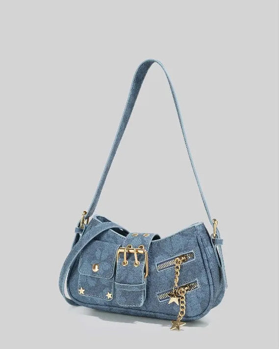 Y2K Hobo Bag Belt Buckle Detail-Blue