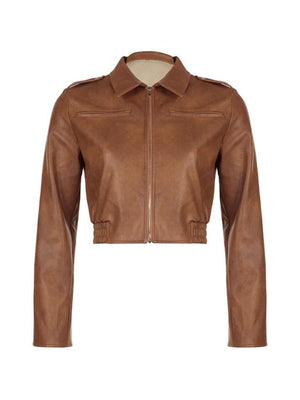 Zip Up Lapel Neck Leather Short Jacket-Jackets-MAUV STUDIO-STREETWEAR-Y2K-CLOTHING